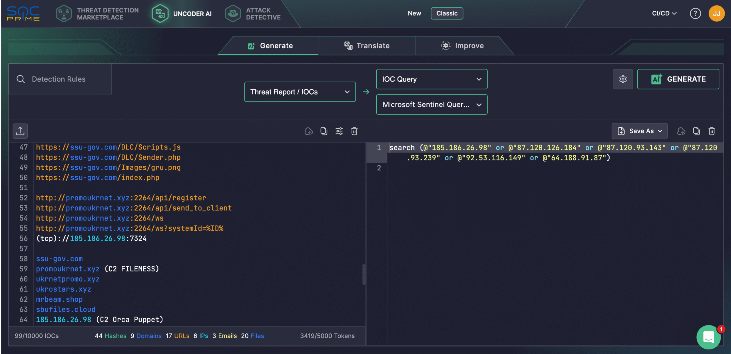 Use Uncoder AI para convertir automáticamente IOCs de la alerta CERT-UA#17691 en consultas de búsqueda personalizadas para buscar las amenazas UAC-0239.