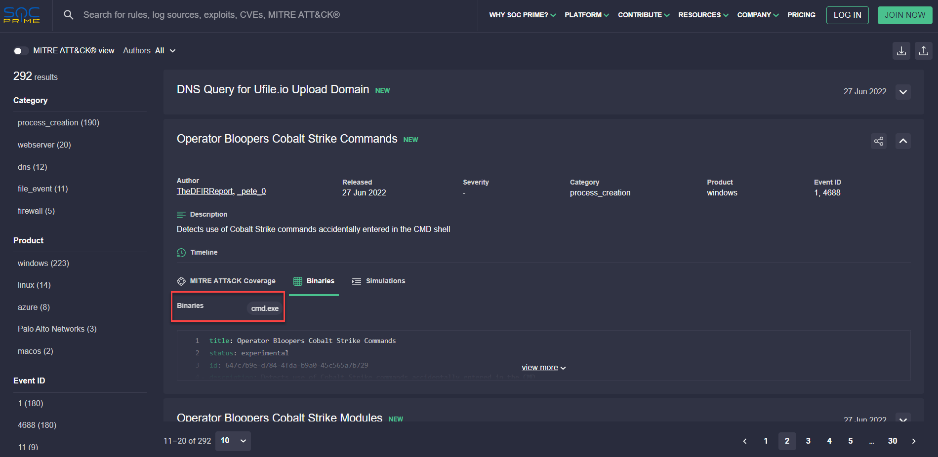 Binaries linked to Sigma rules