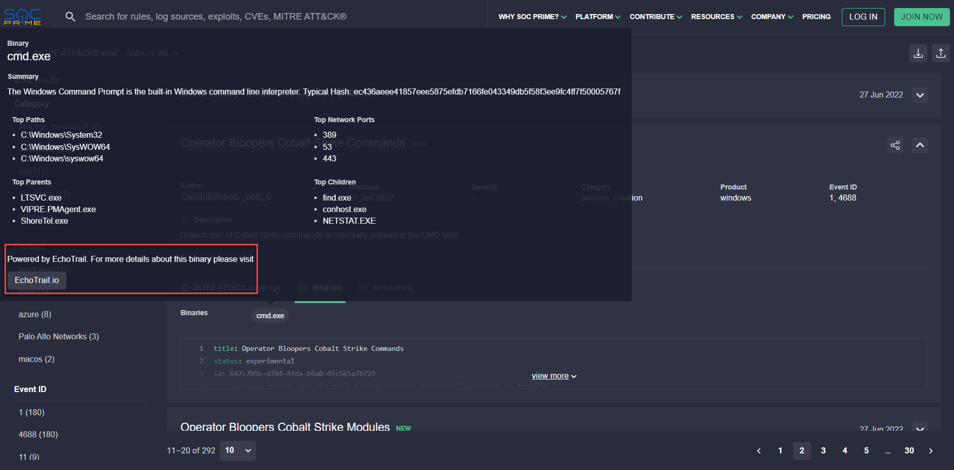 View binary details powered by EchoTrail.io