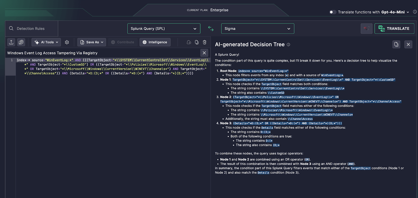 Uncoder AI Visualizes Splunk Query (SPL) Logic for Log Tampering Detection