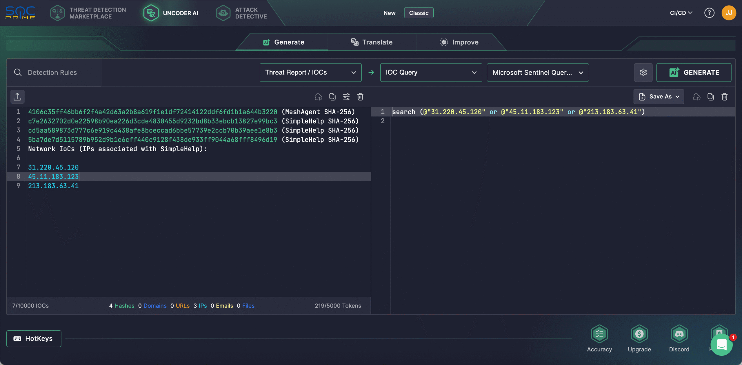 Use Uncoder AI to generate custom IOc queries based on raw threat intel from the Microsoft's research related to the Detect CVE-2025-10035 exploitation attempts by  Storm-1175.