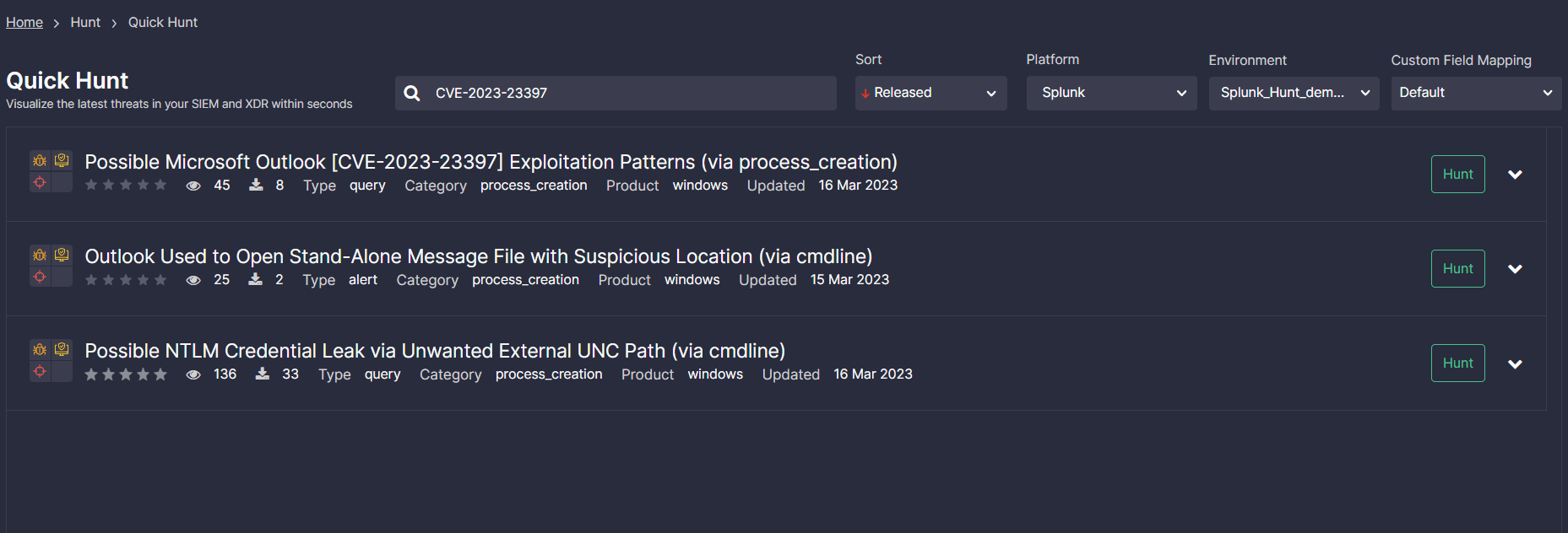 Hunt for threats related to exploitation attempts of CVE-2023-23397 via Quick Hunt